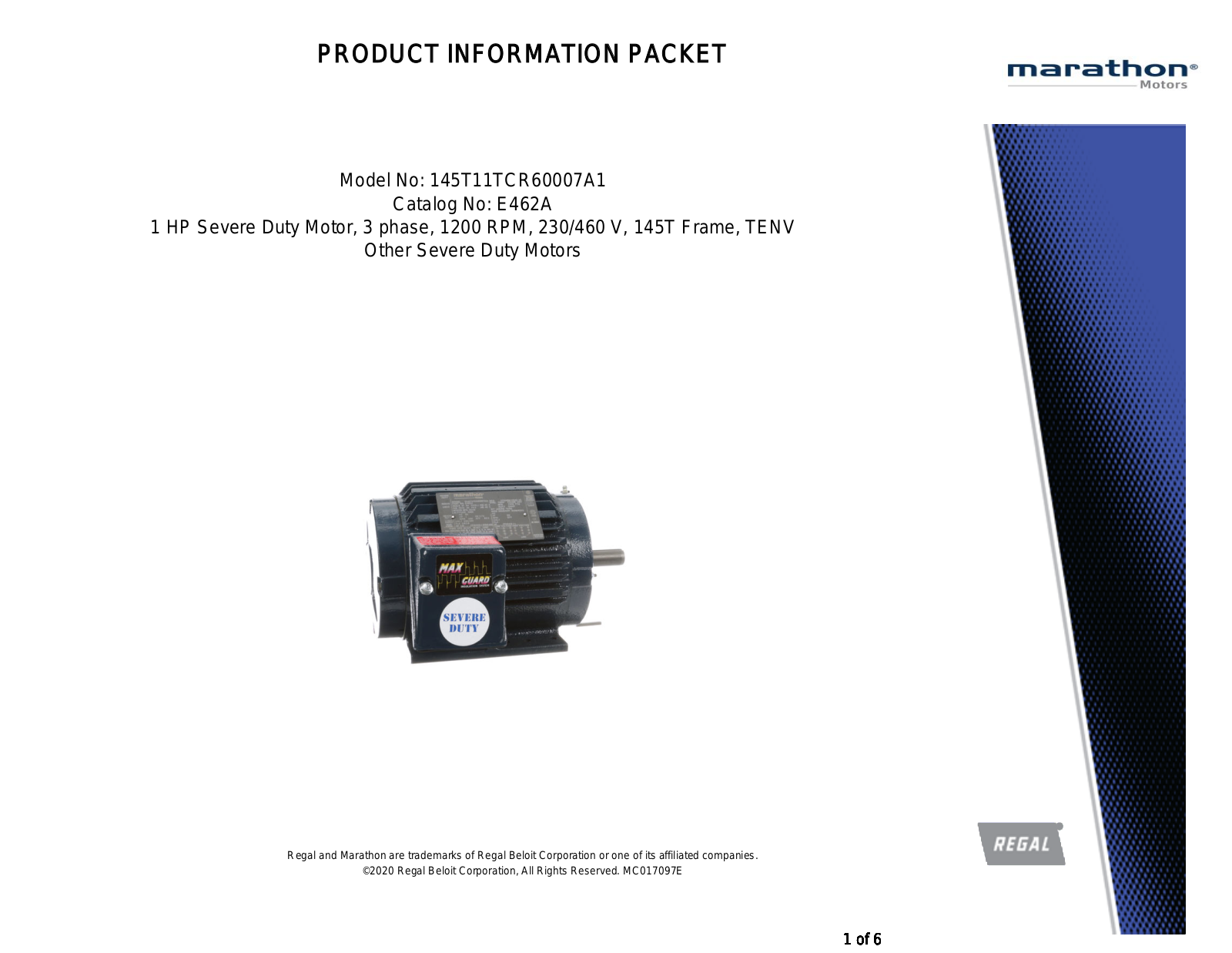 Marathon Electric E462A Product Information Packet