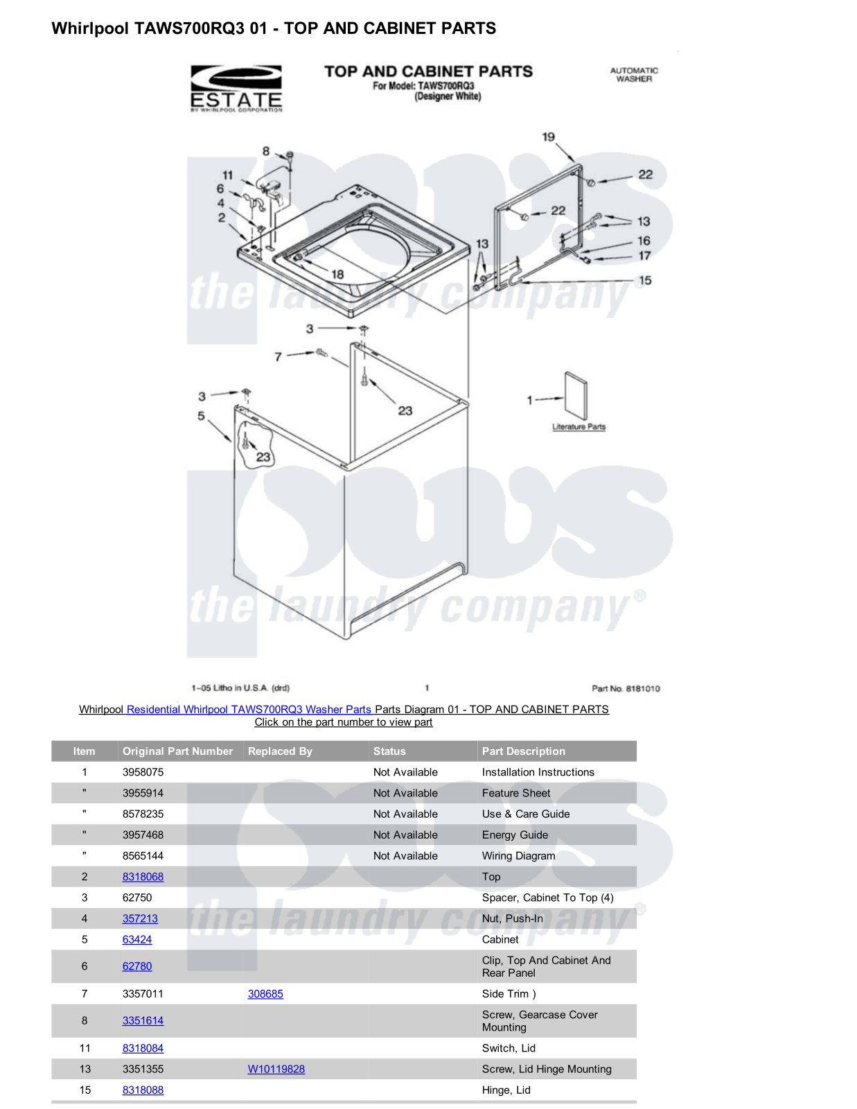 Whirlpool TAWS700RQ3 Parts Diagram