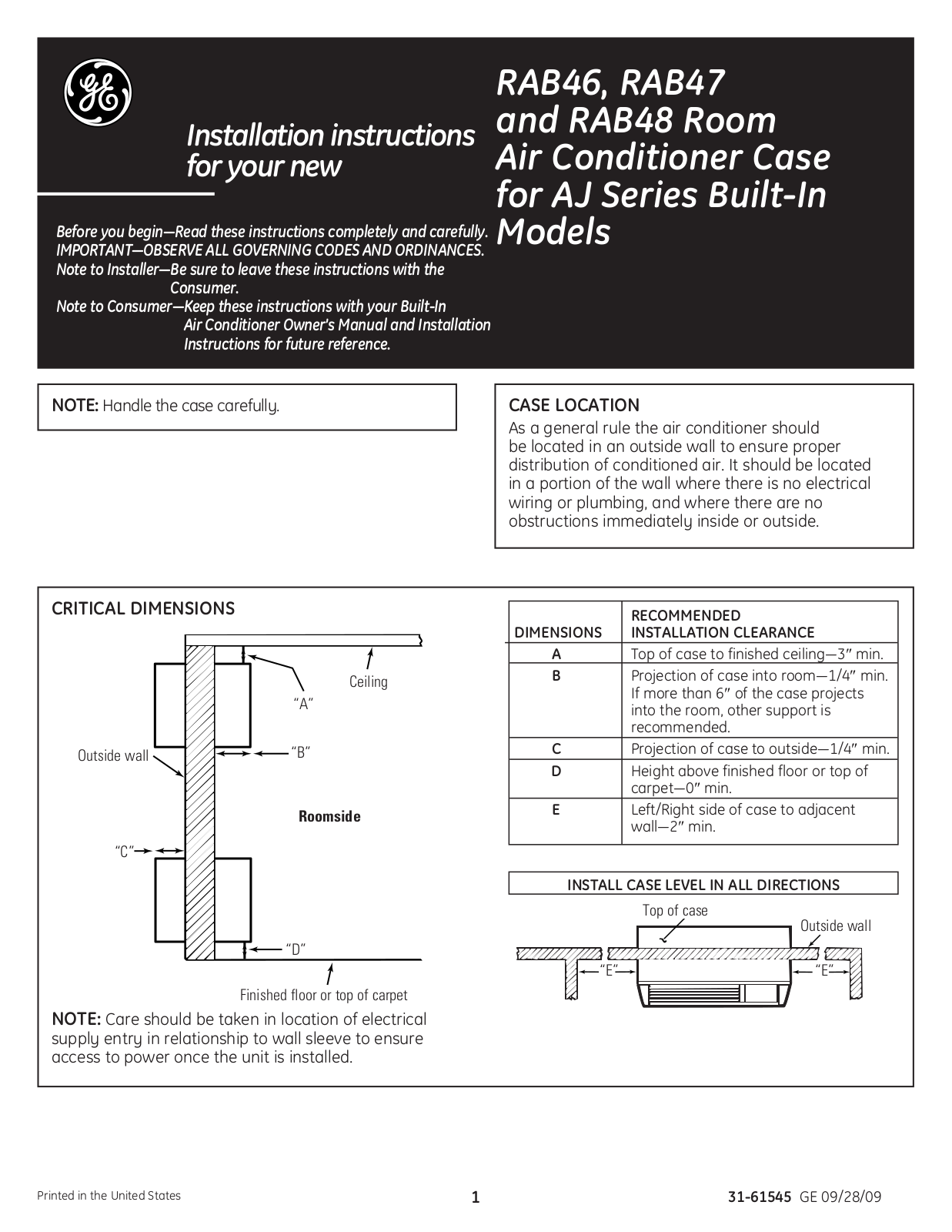 General Electric RAB46A, RAB48B Installation