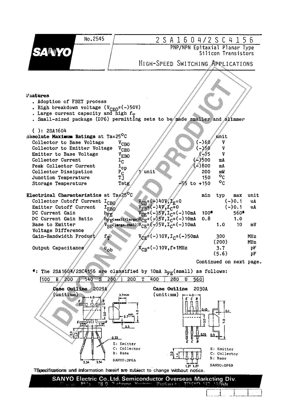 Sanyo 2SA1604 Specifications