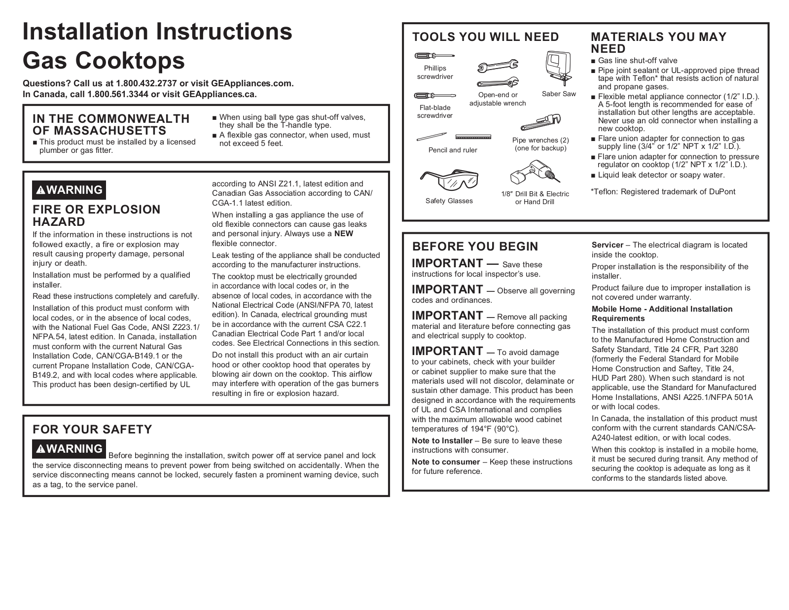 GE CGP95302M1S1, CGP95302M1S2, CGP95303M1S2, CGP9530SL1SS, CGP95362M1S1 Installation Guide