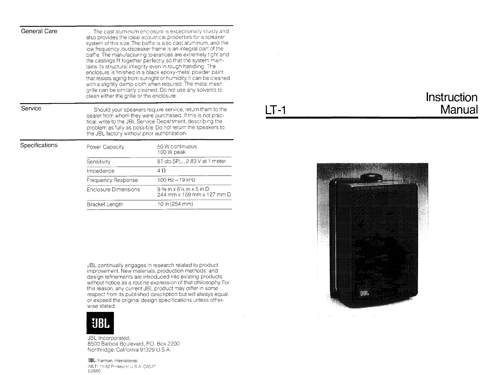 Jbl LT1 User Manual