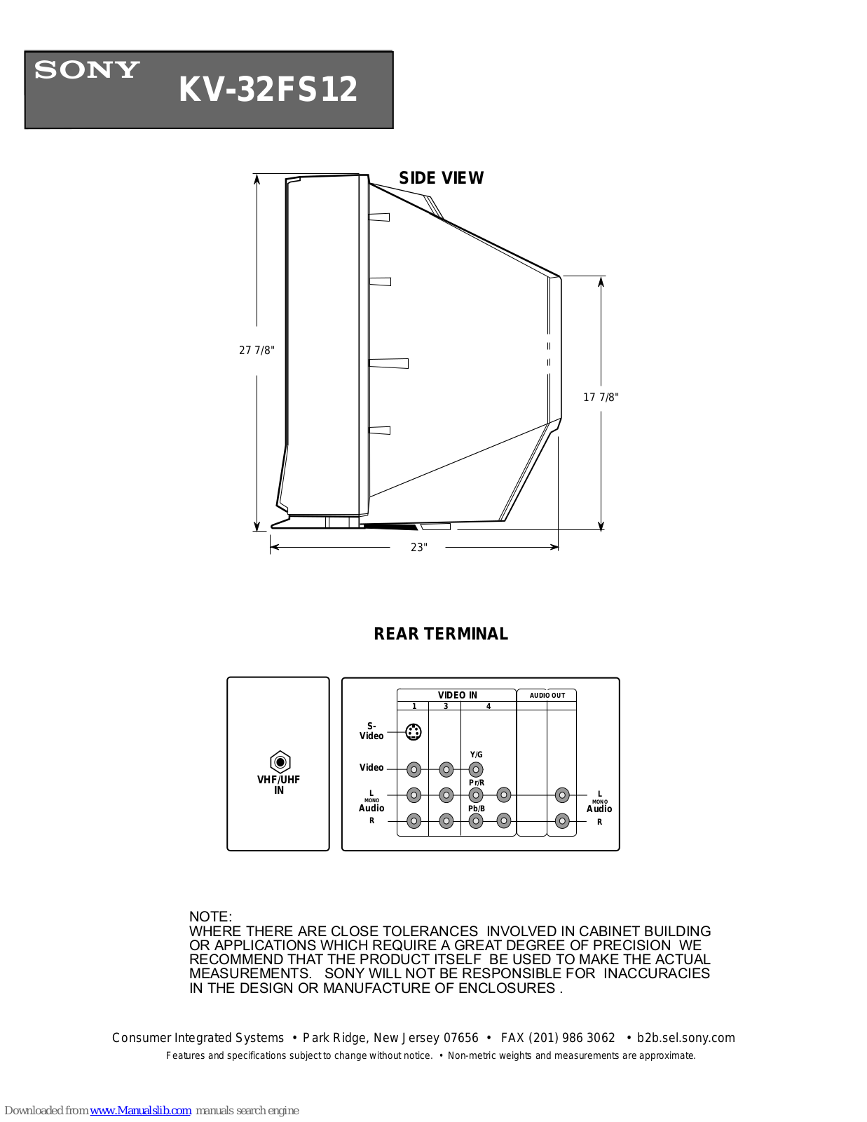 Sony WEGA KV-32FS12 Specifications