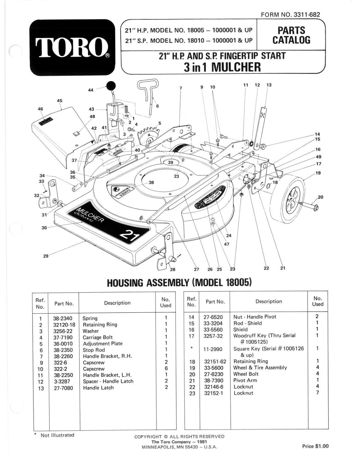 Toro 18005 Parts Catalogue