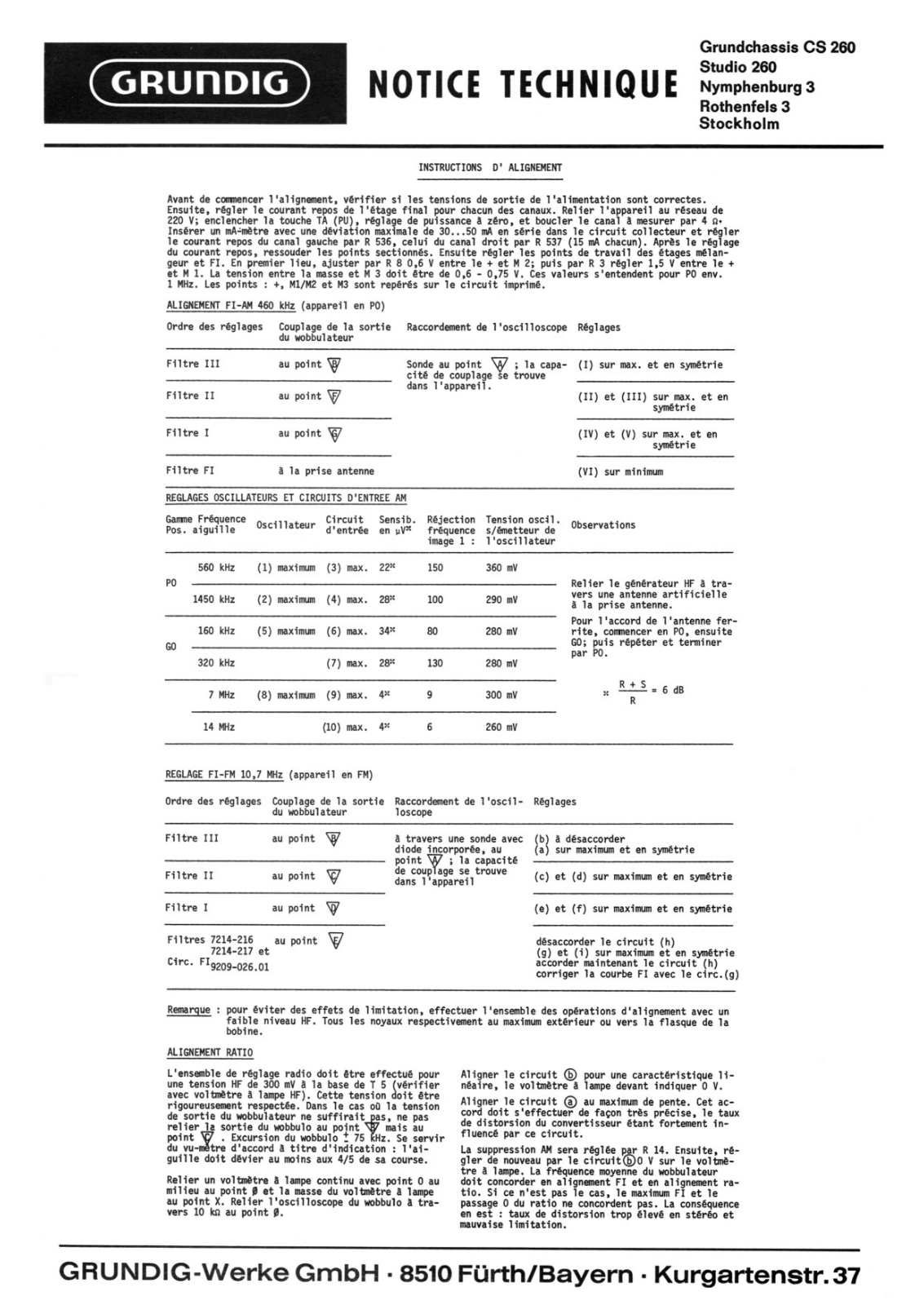 Grundig Stockholm, Rothenfels-Mk3, CS-260, 260 Service Manual