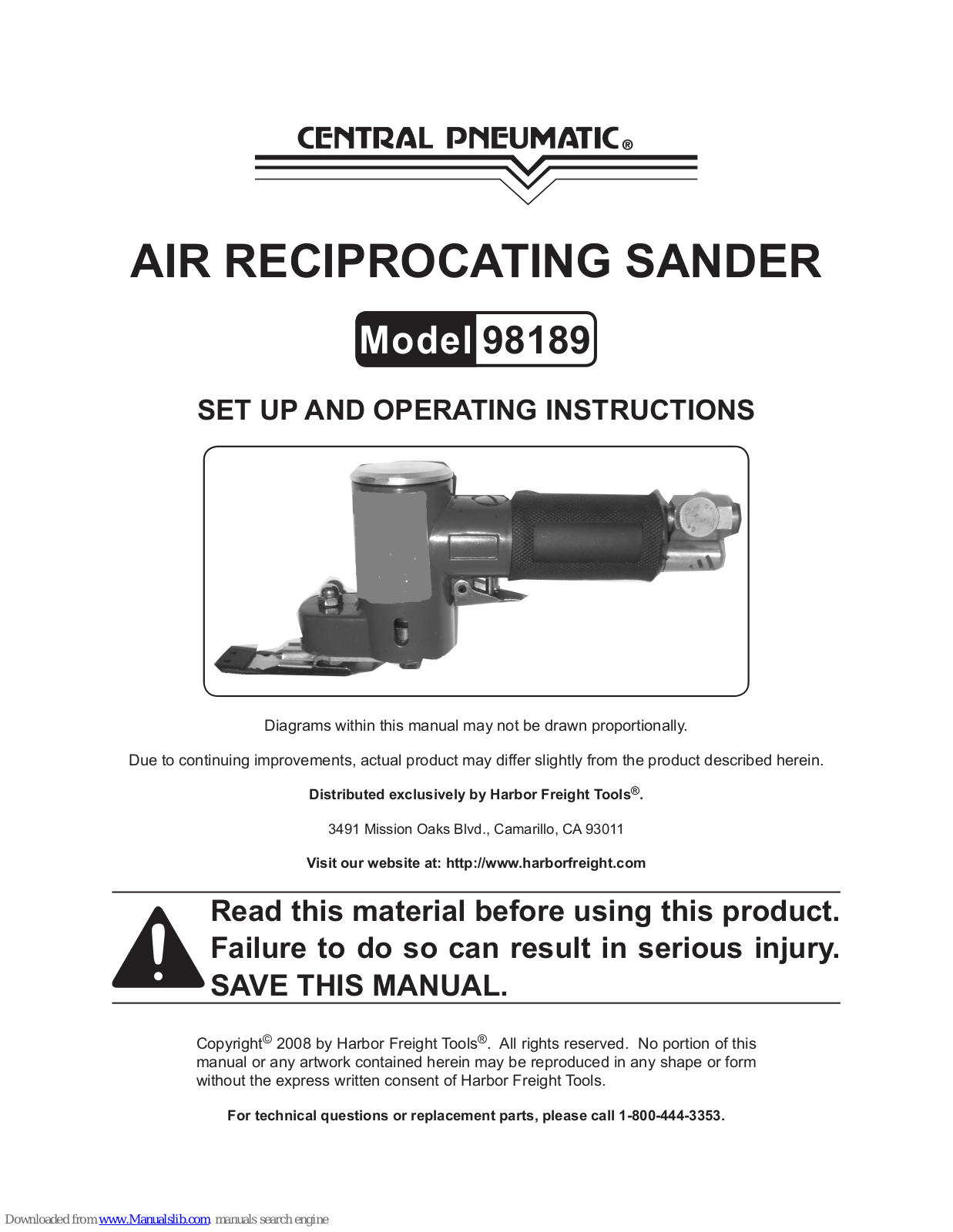 Central Pneumatic 98189 Set Up And Operating Instructions Manual