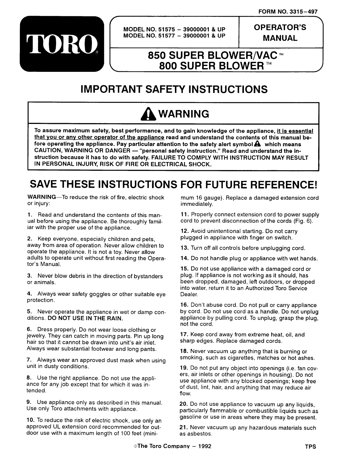 Toro 51575, 51577 Operator's Manual