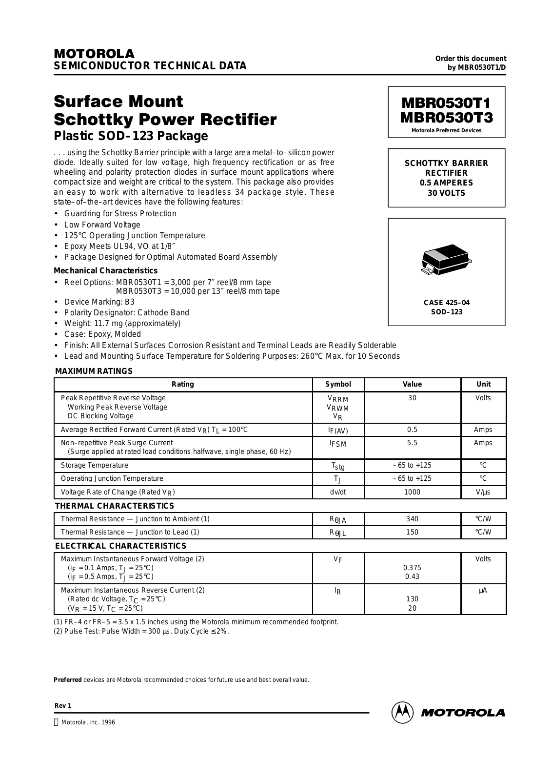 Motorola MBR0530LT1, MBR0530LT3 Datasheet