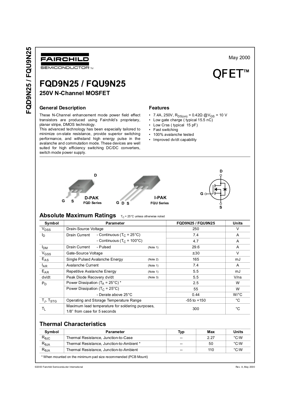 Fairchild Semiconductor FQU9N25, FQD9N25 Datasheet