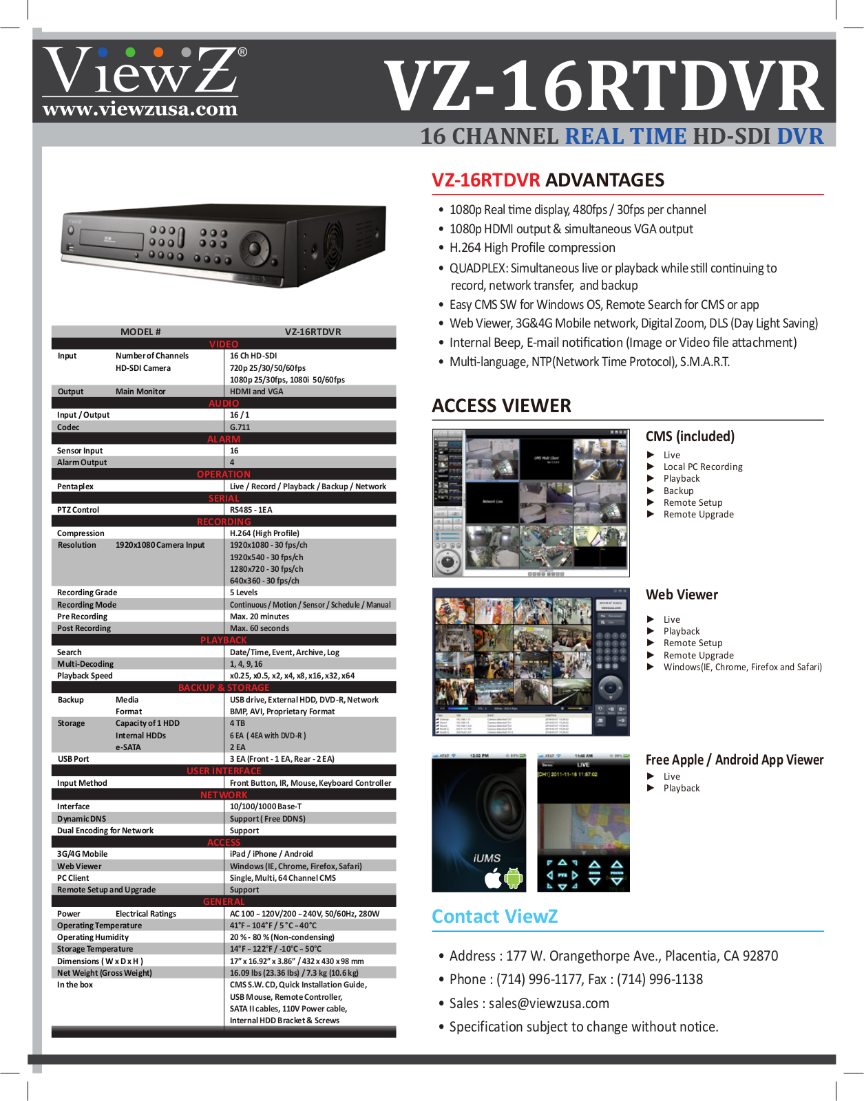 ViewZ VZ-16RTDVR-12, VZ-16RTDVR-8, VZ-16RTDVR-8D, VZ-16RTDVR, VZ-16RTDVR-12D Specsheet