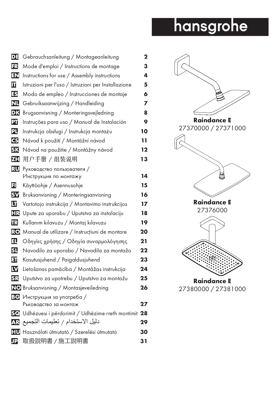 Hansgrohe 27371000, 27376000, 27381000 Assembly guide