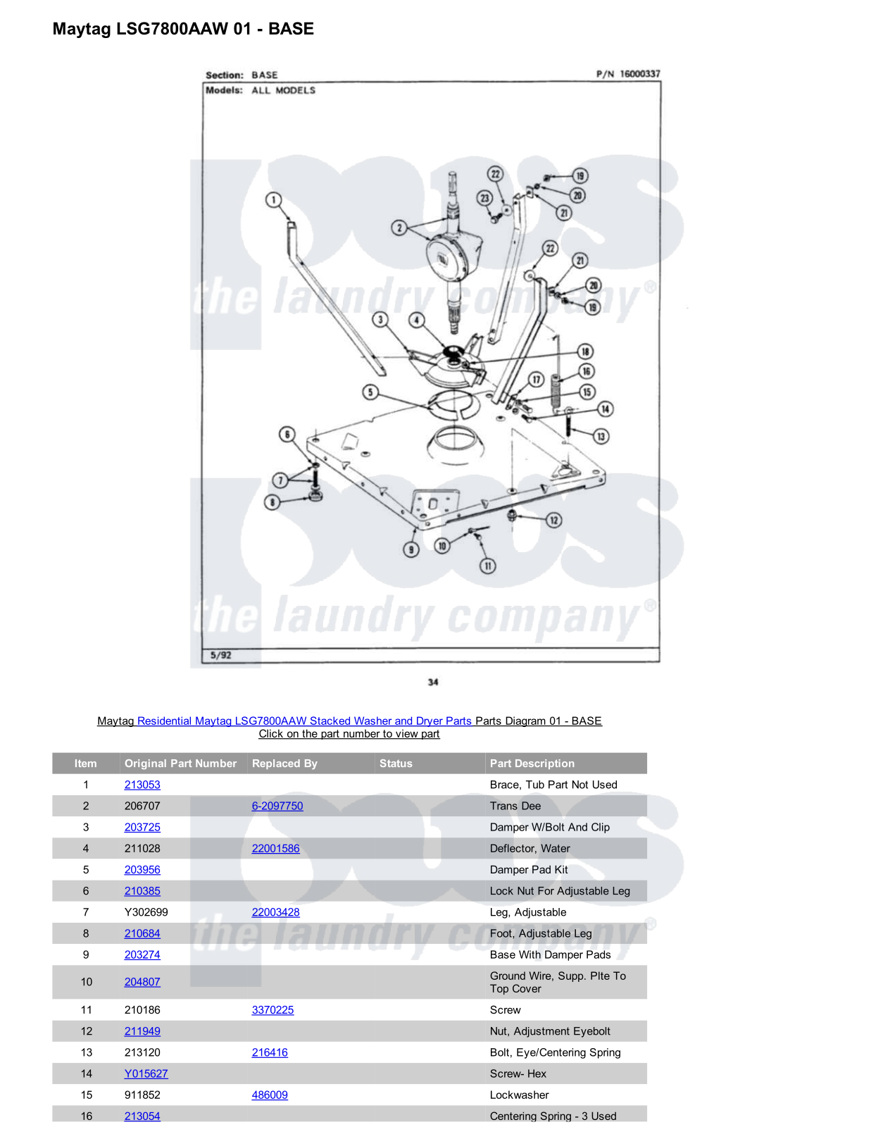 Maytag LSG7800AAW Stacked and Parts Diagram