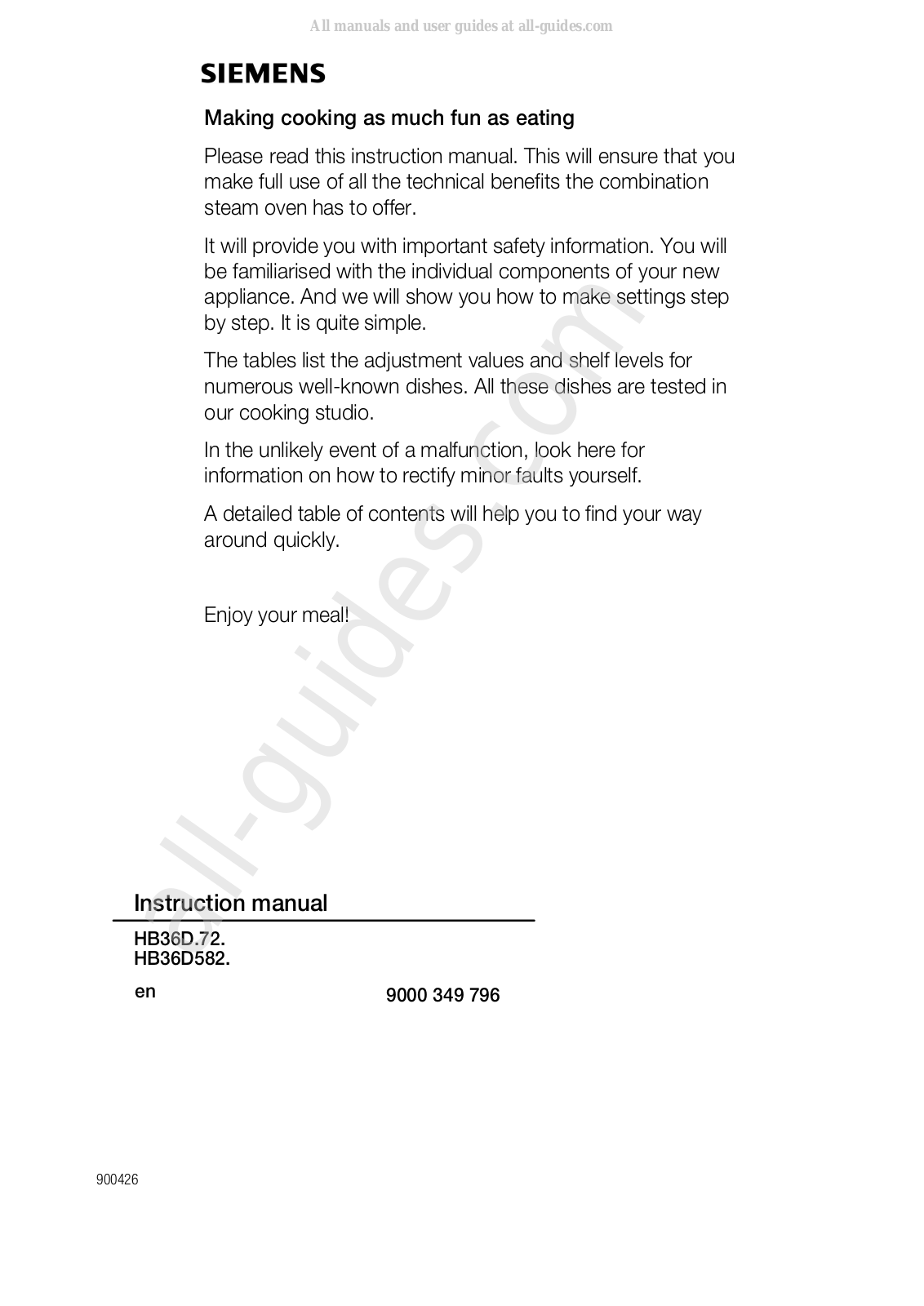 Siemens HB36D 72 Series,HB36D582 Series Instruction Manual