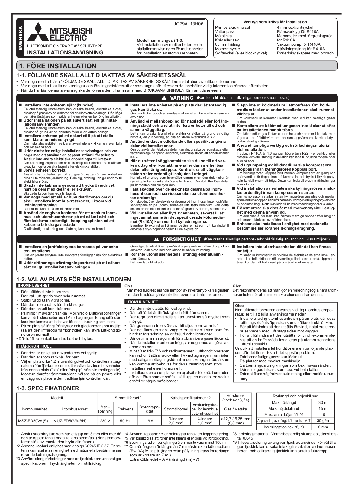 Mitsubishi JG79A113H06 INSTALLATION MANUAL