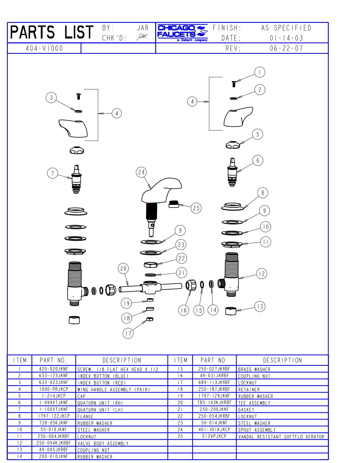 Chicago Faucet 404-V1000CP Parts List