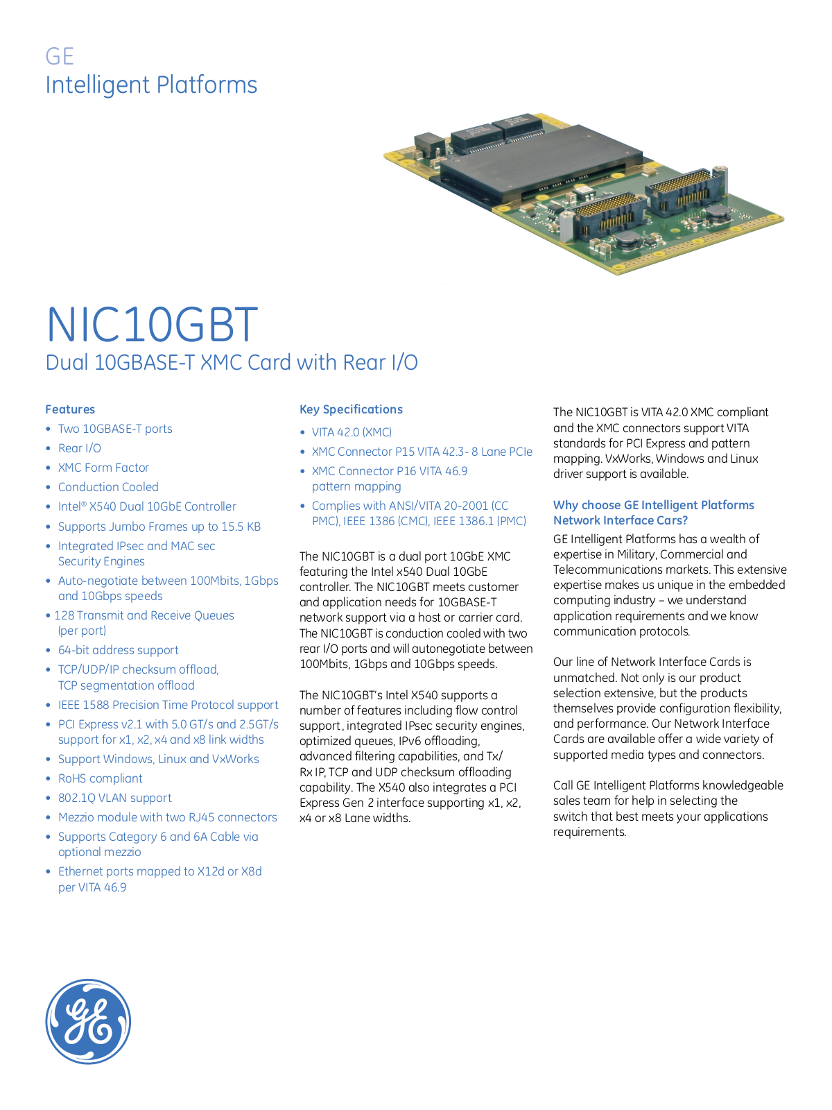 GE NIC10GBT Data Sheet