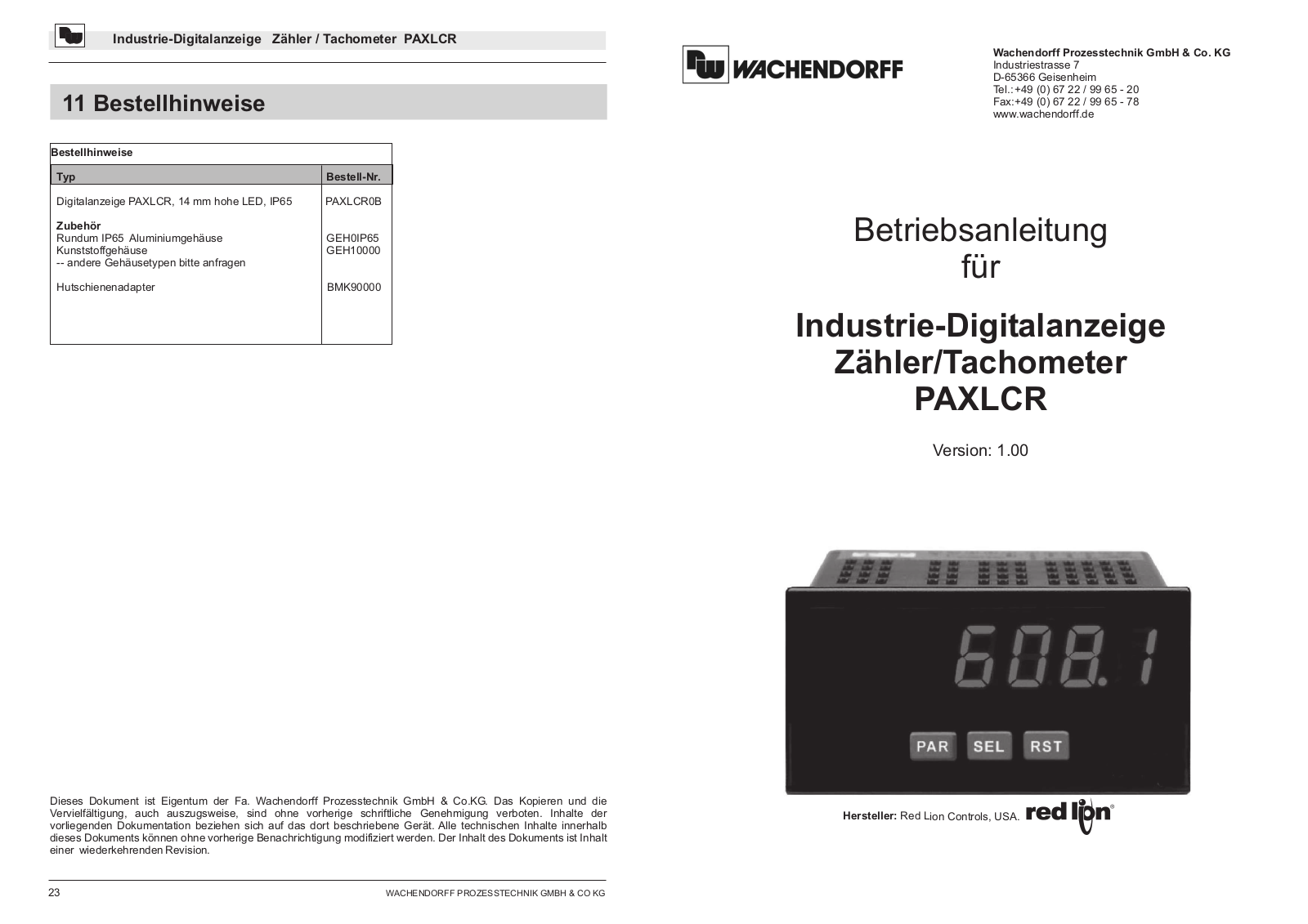 Wachendorff PAXLCR, PAXLCR0B User guide