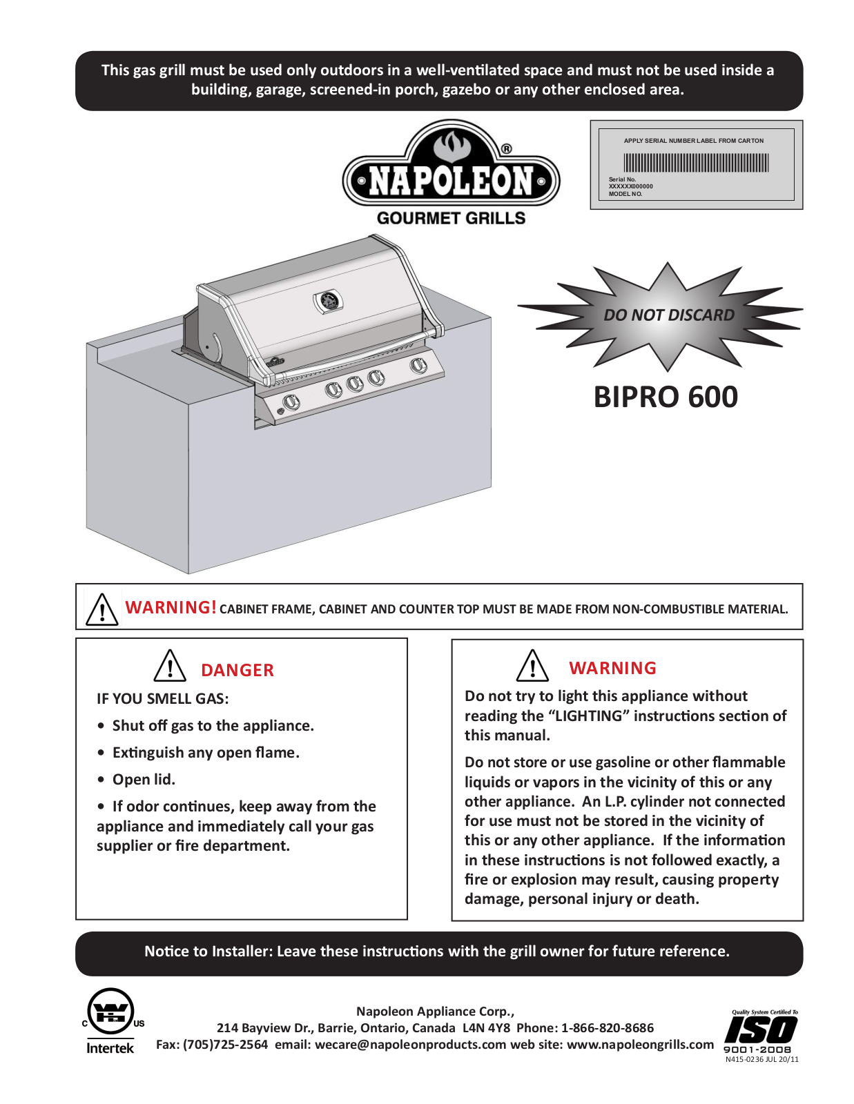 Napoleon Bipro600, Bipro600rbi, Bipf600 Owner's Manual