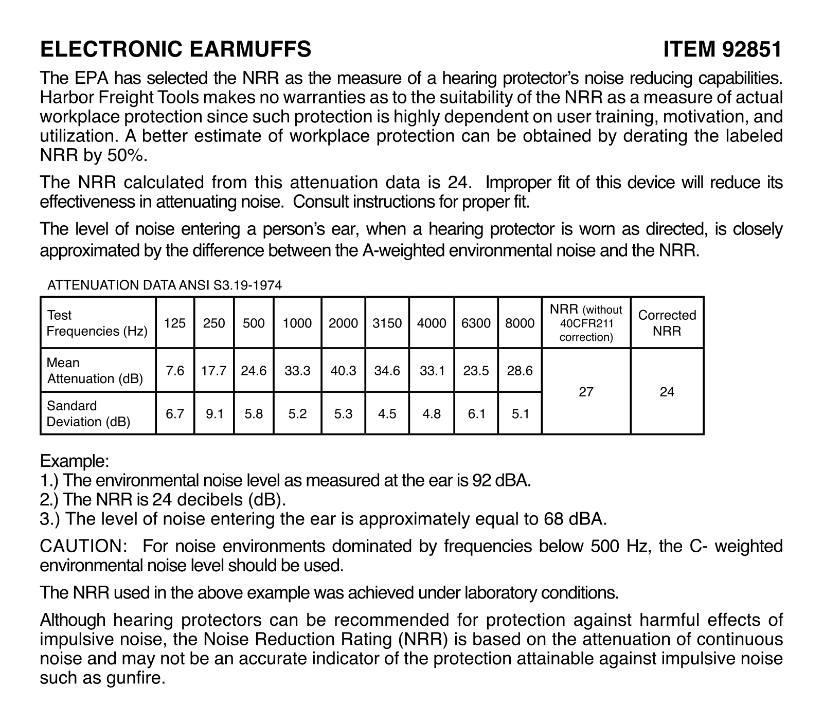 Harbor Freight Tools Noise Canceling Electronic Ear Muffs Product manual