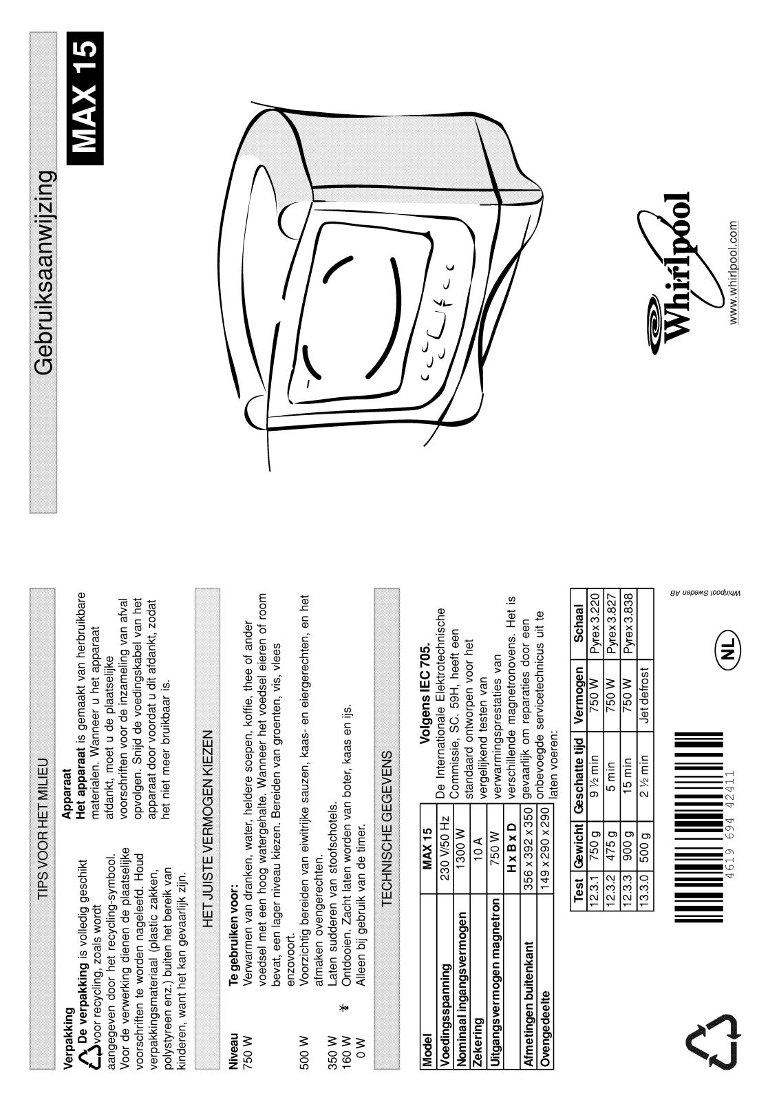 Whirlpool MAX 15/AB, MAX 15/AW INSTRUCTION FOR USE