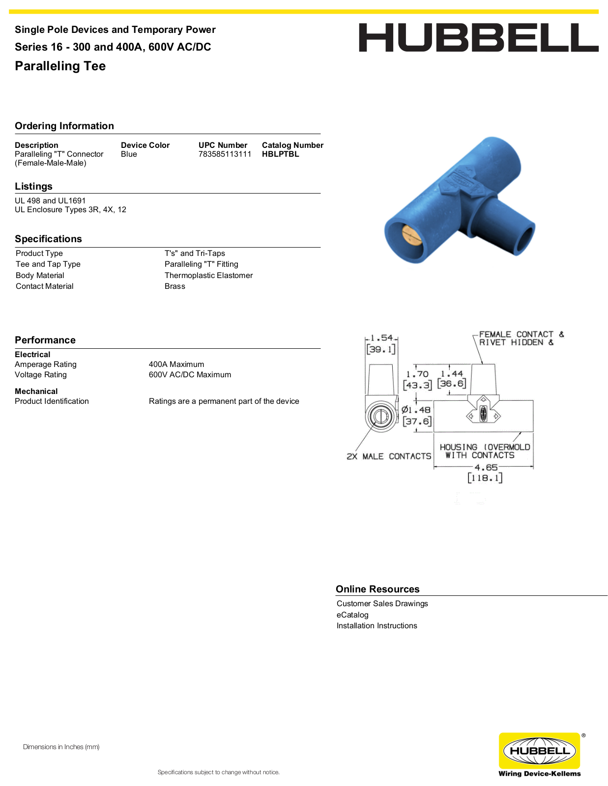 Hubbell HBLPTBL Specifications - ManualMachine.com