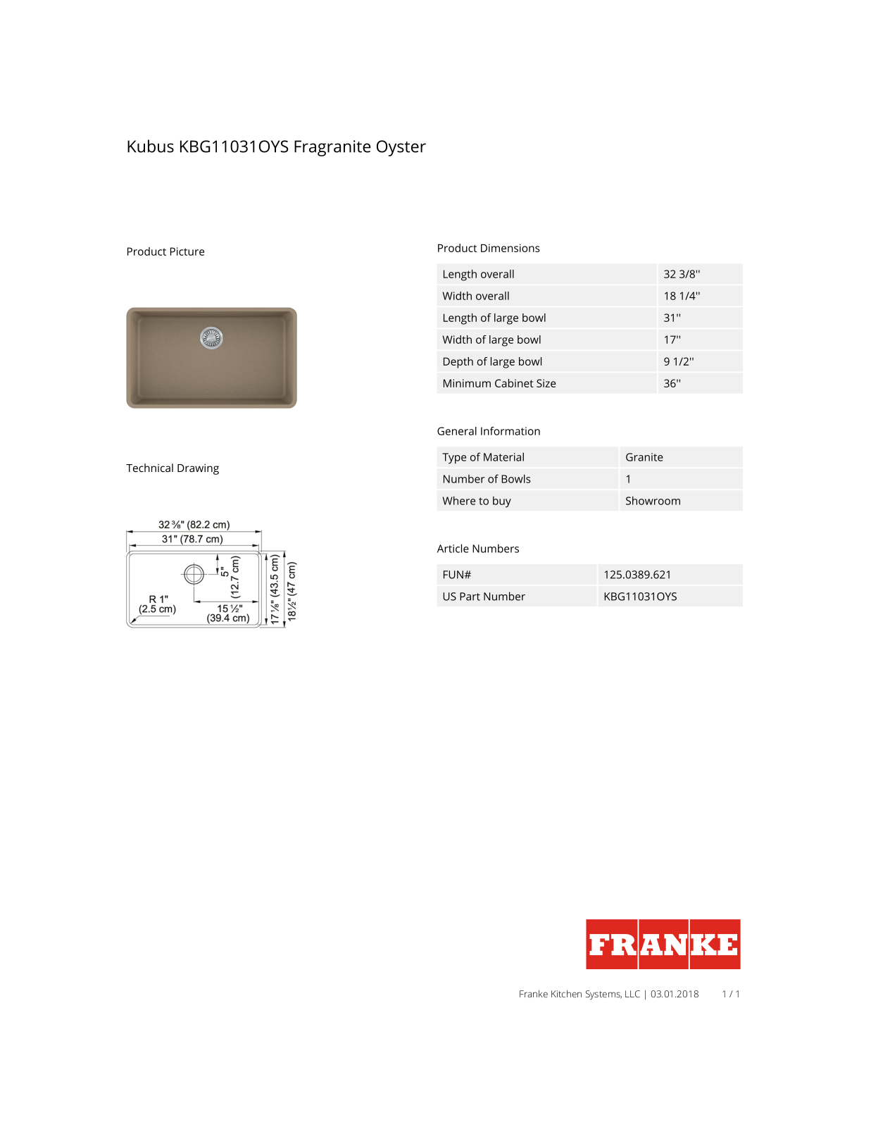 Franke KBG11031OYS Specs