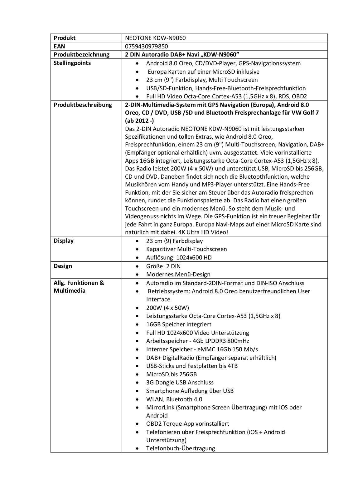 Neotone KDW-N9060 Technical data - ManualMachine.com