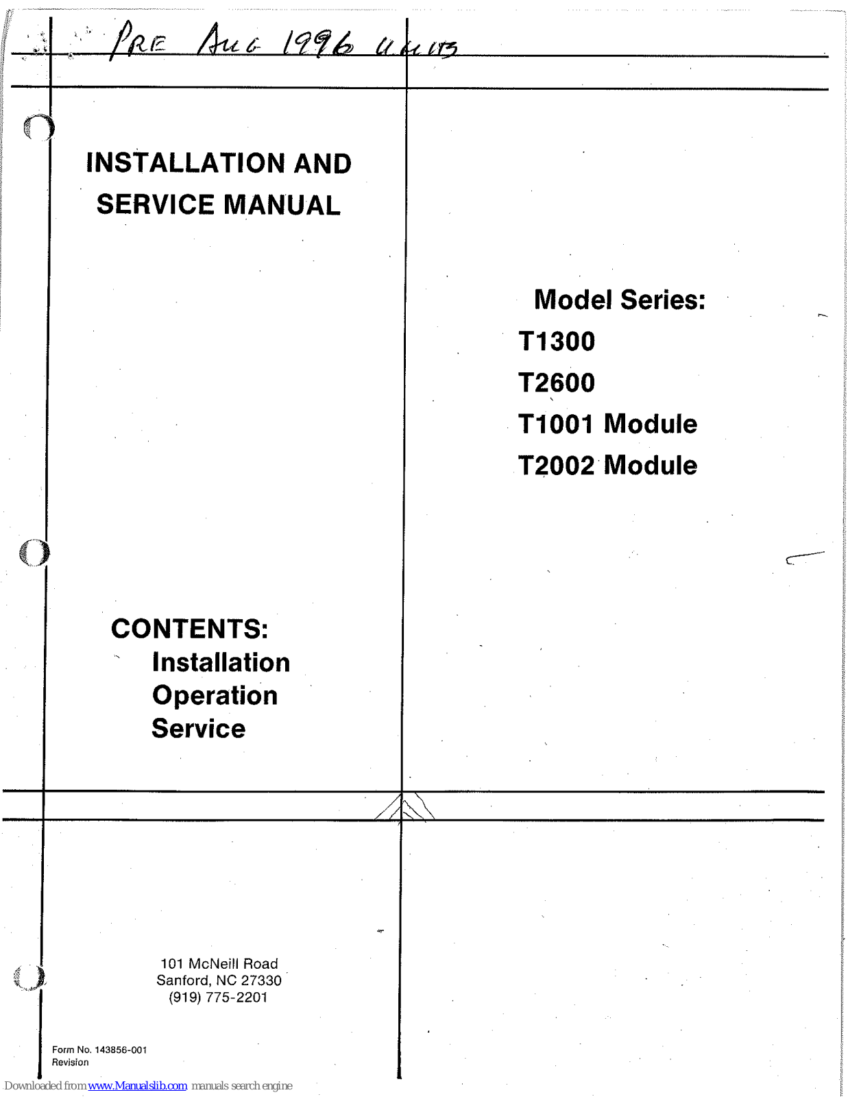 Trion T1001 Module, T2002 Module, T1300B, T1300C, T1300 Installation And Service Manual