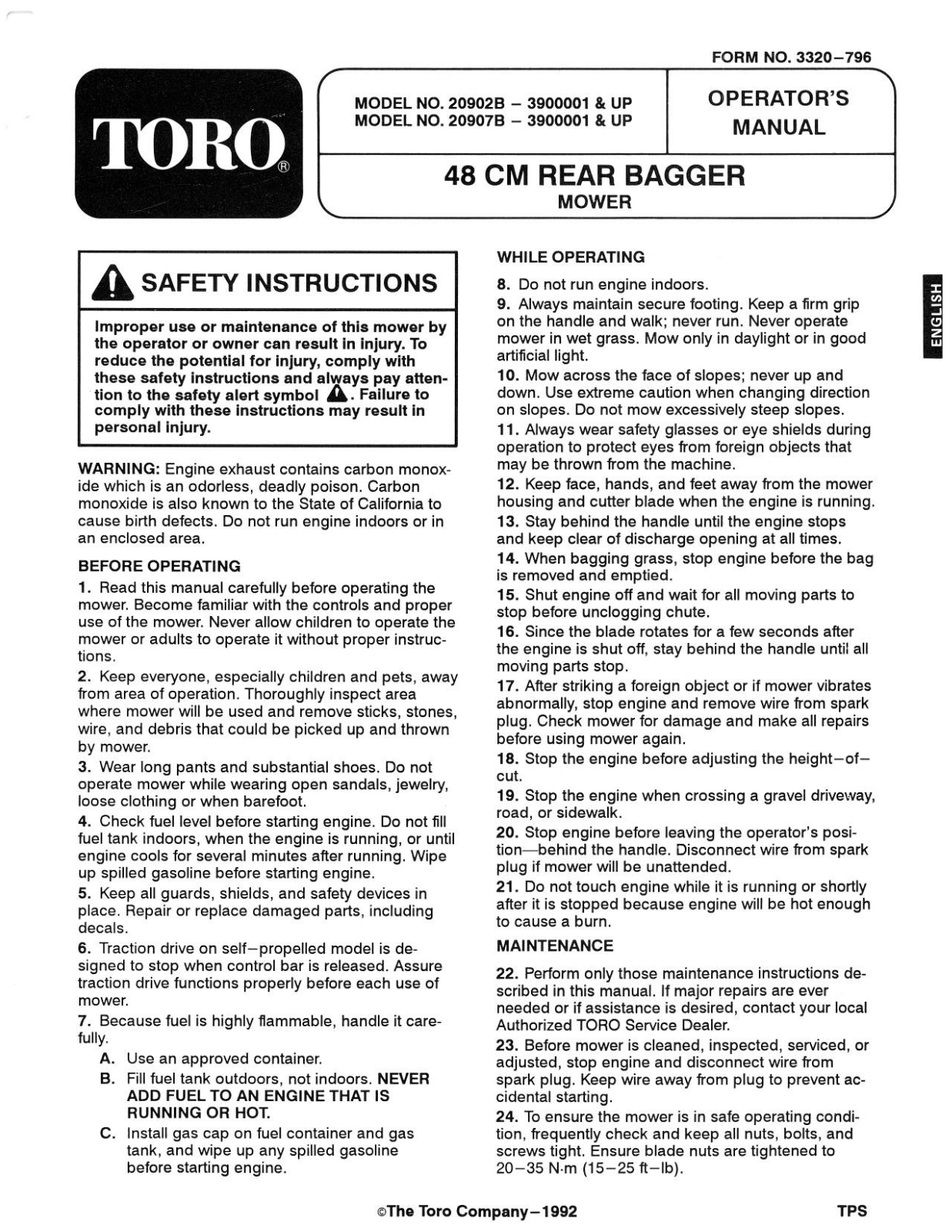 Toro 20902B, 20907B Operator's Manual