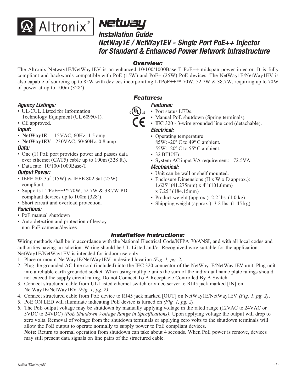 Altronix NetWay1E Specsheet