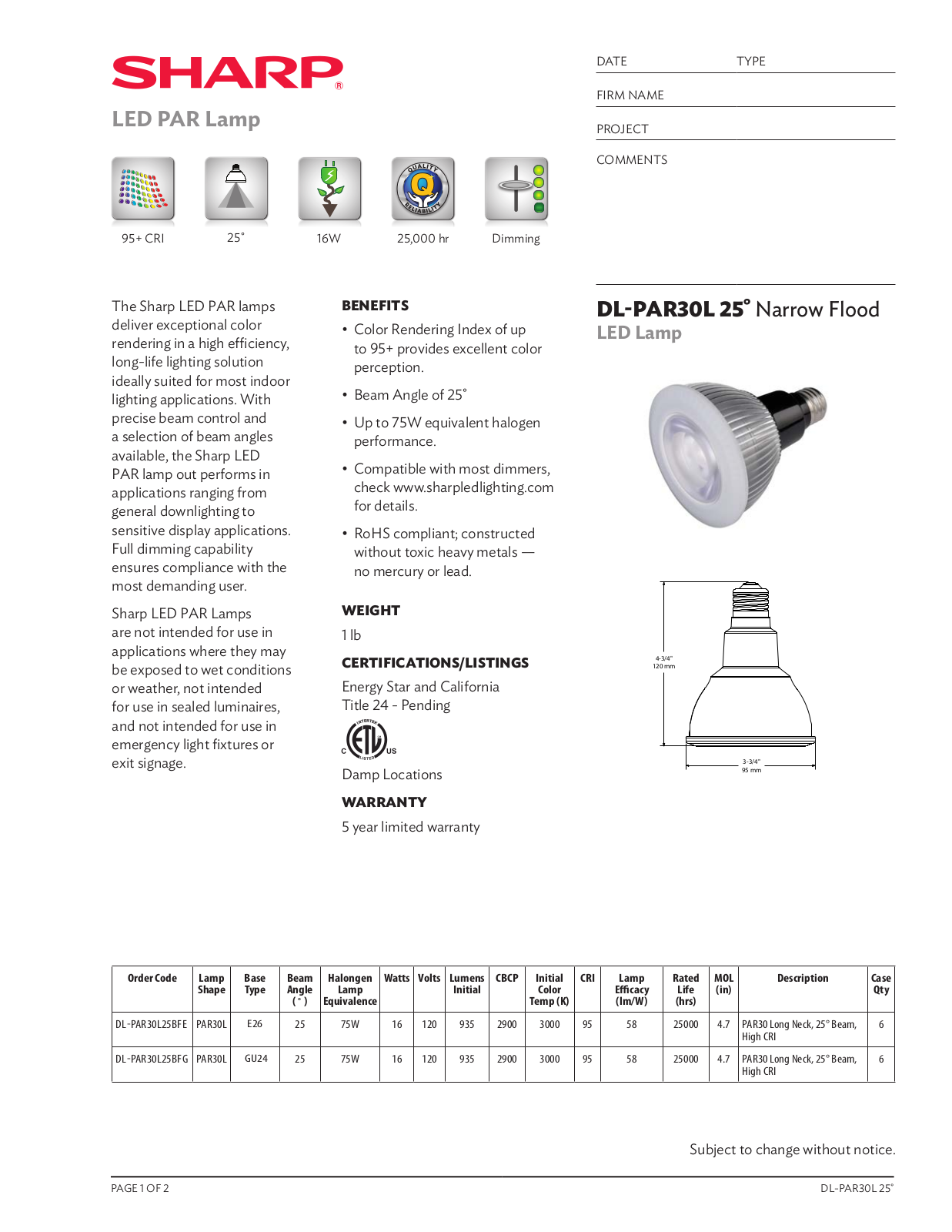 Sharp DLPAR30L25BFE Specification