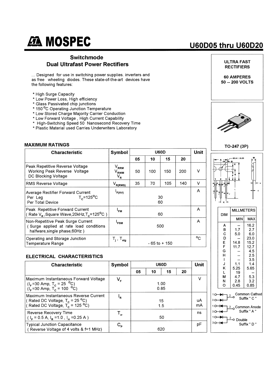 MOSPEC U60D20A, U60D20C, U60D15D, U60D15C, U60D15A Datasheet