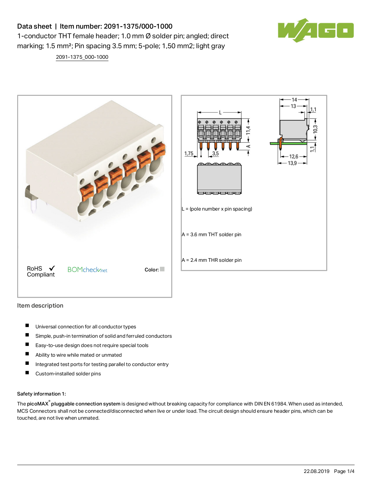 Wago 2091-1375/000-1000 Data Sheet