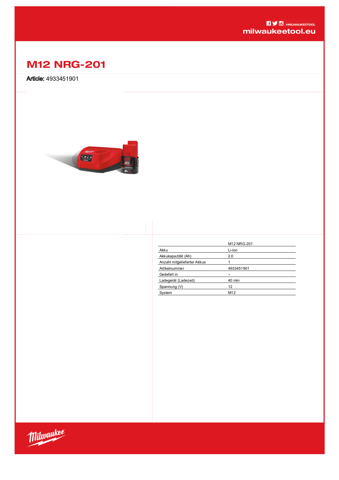 Milwaukee M12 NRG-201 User Manual