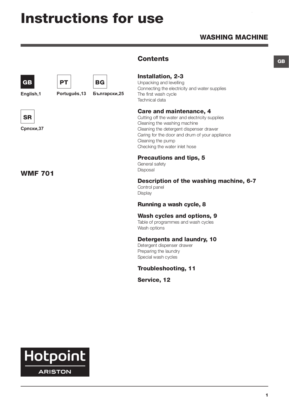 HOTPOINT/ARISTON WMF 701 EU.M User Manual