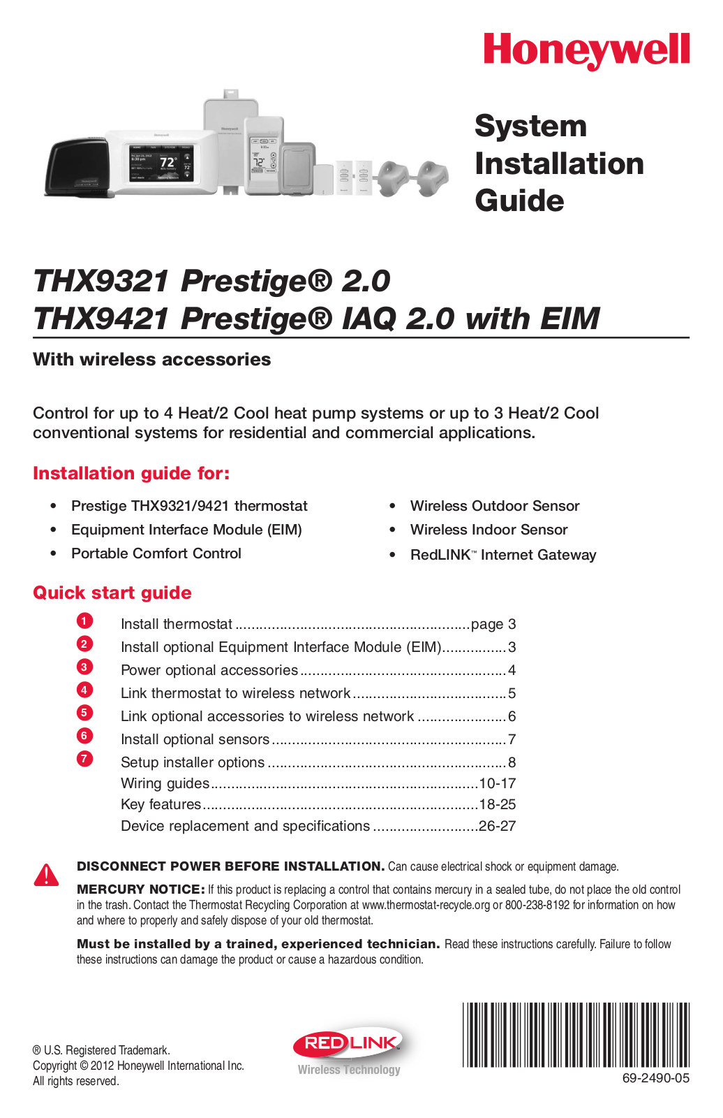 Honeywell THX9321 Prestige 2.0, THX9421 Prestige IAQ 2.0 with EIM System Installation Manual