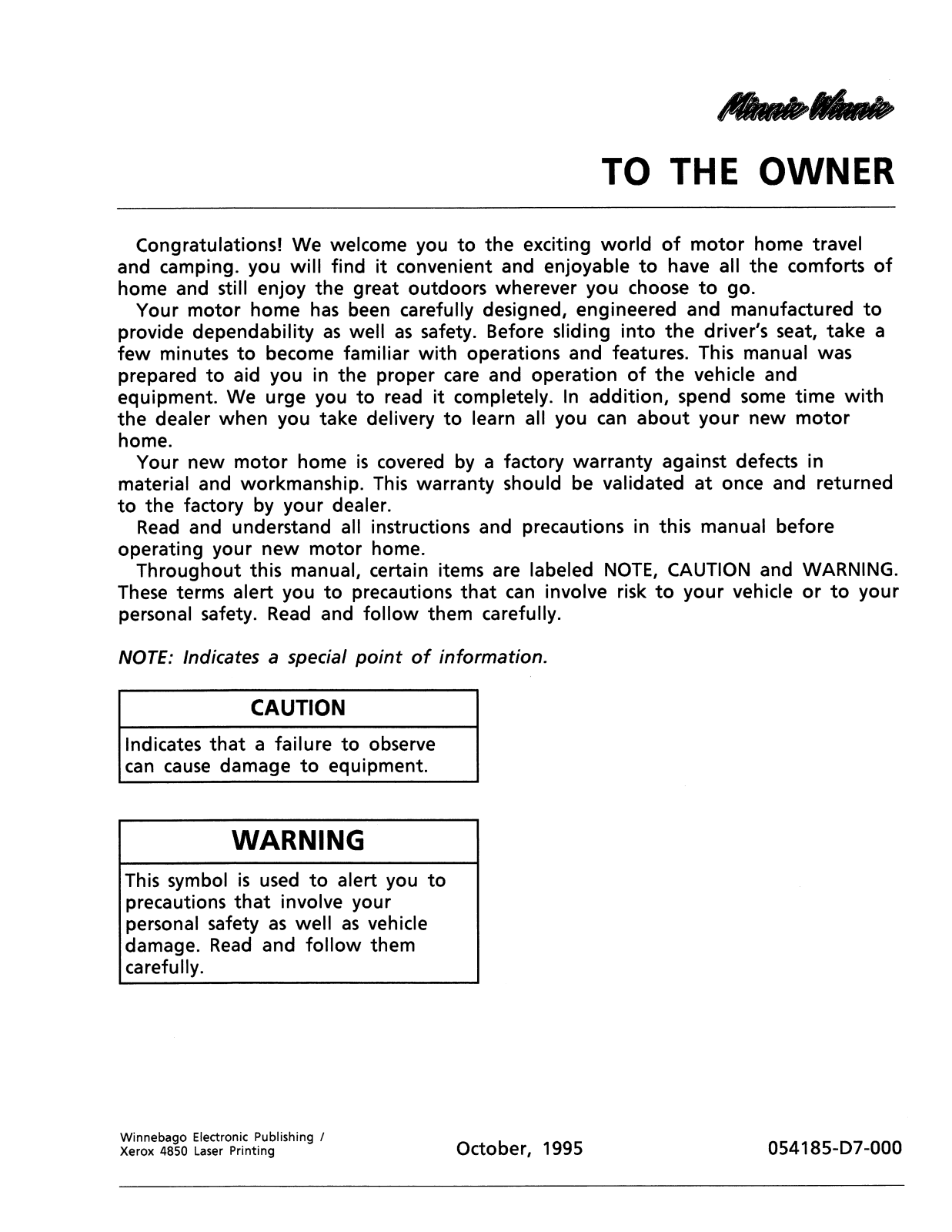 Winnebago Minnie Winnie (1996) Operator's Manual