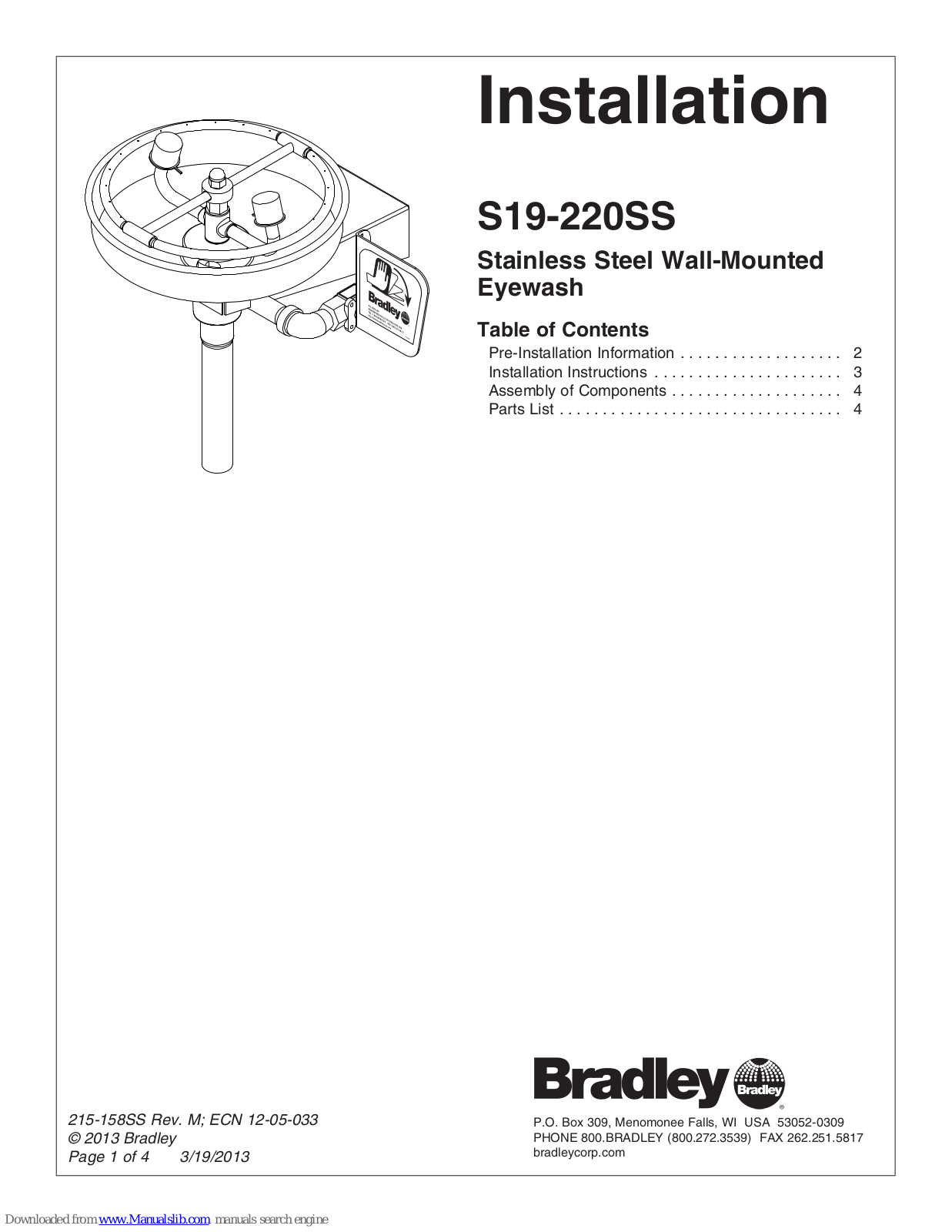 Bradley S19-220SS Installation Instructions Manual