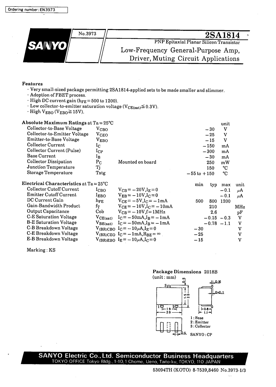 SANYO 2SA1814 Datasheet