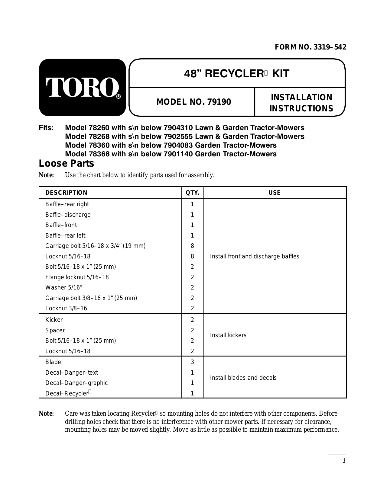 Toro 79190 Installation Instructions