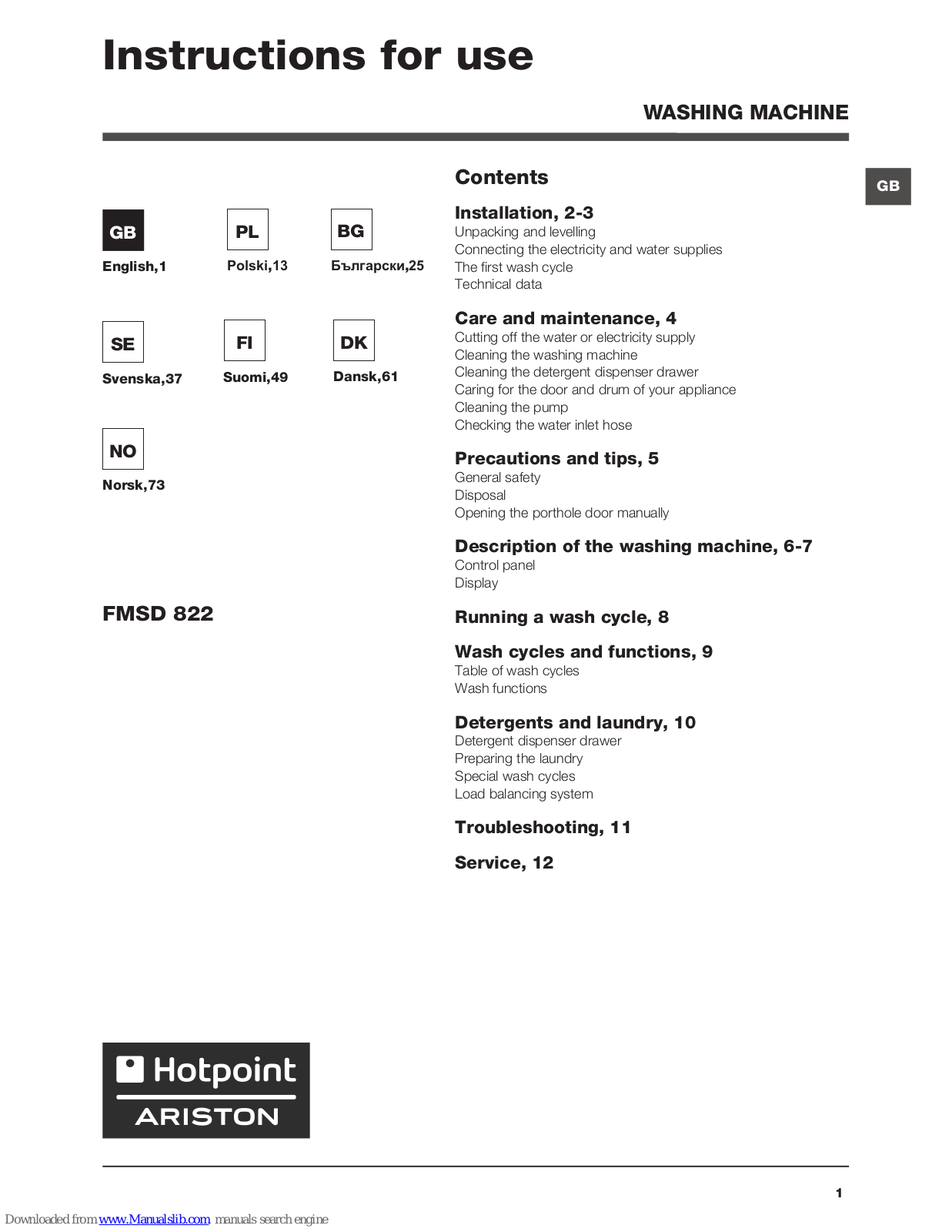 Hotpoint Ariston FMSD 822 Instructions For Use Manual