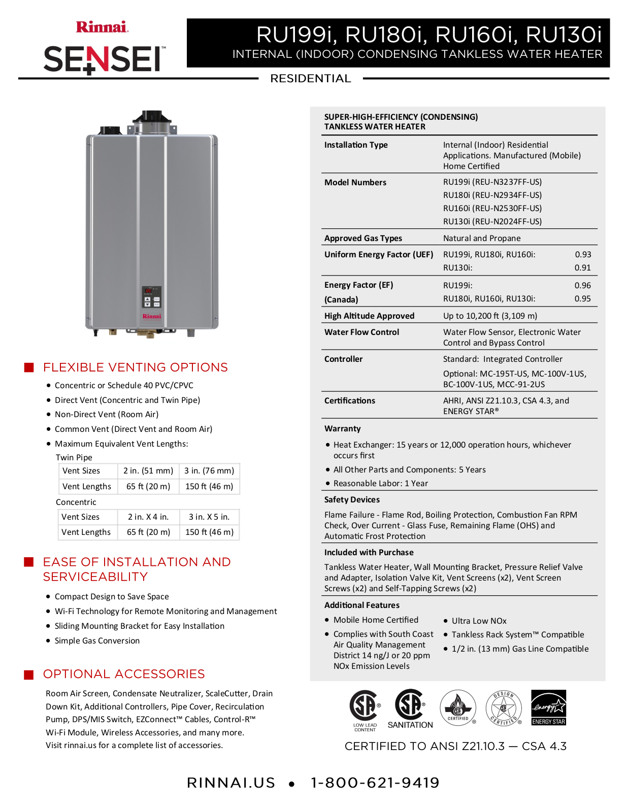 Rinnai Water Heater RU130iN Specifications