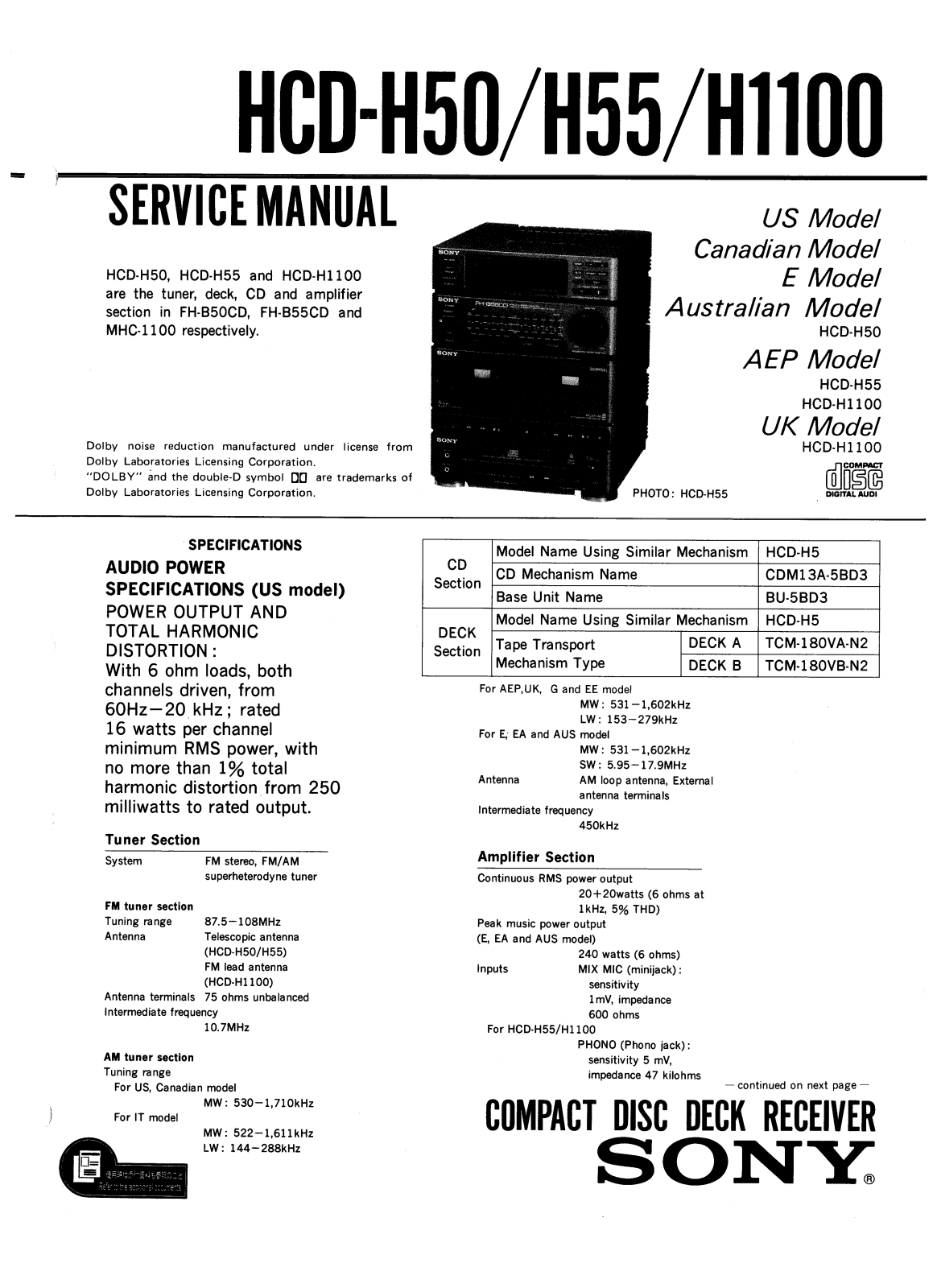 Sony HCD-H55, HCD-H1100, HCD-H50 User Manual
