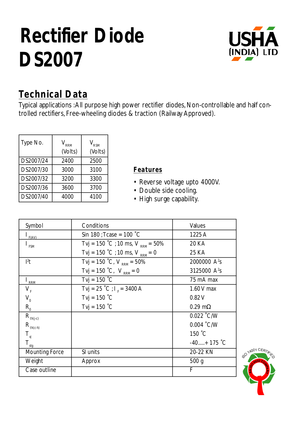 USHA DS2007-40, DS2007-36, DS2007-32, DS2007-30, DS2007-24 Datasheet