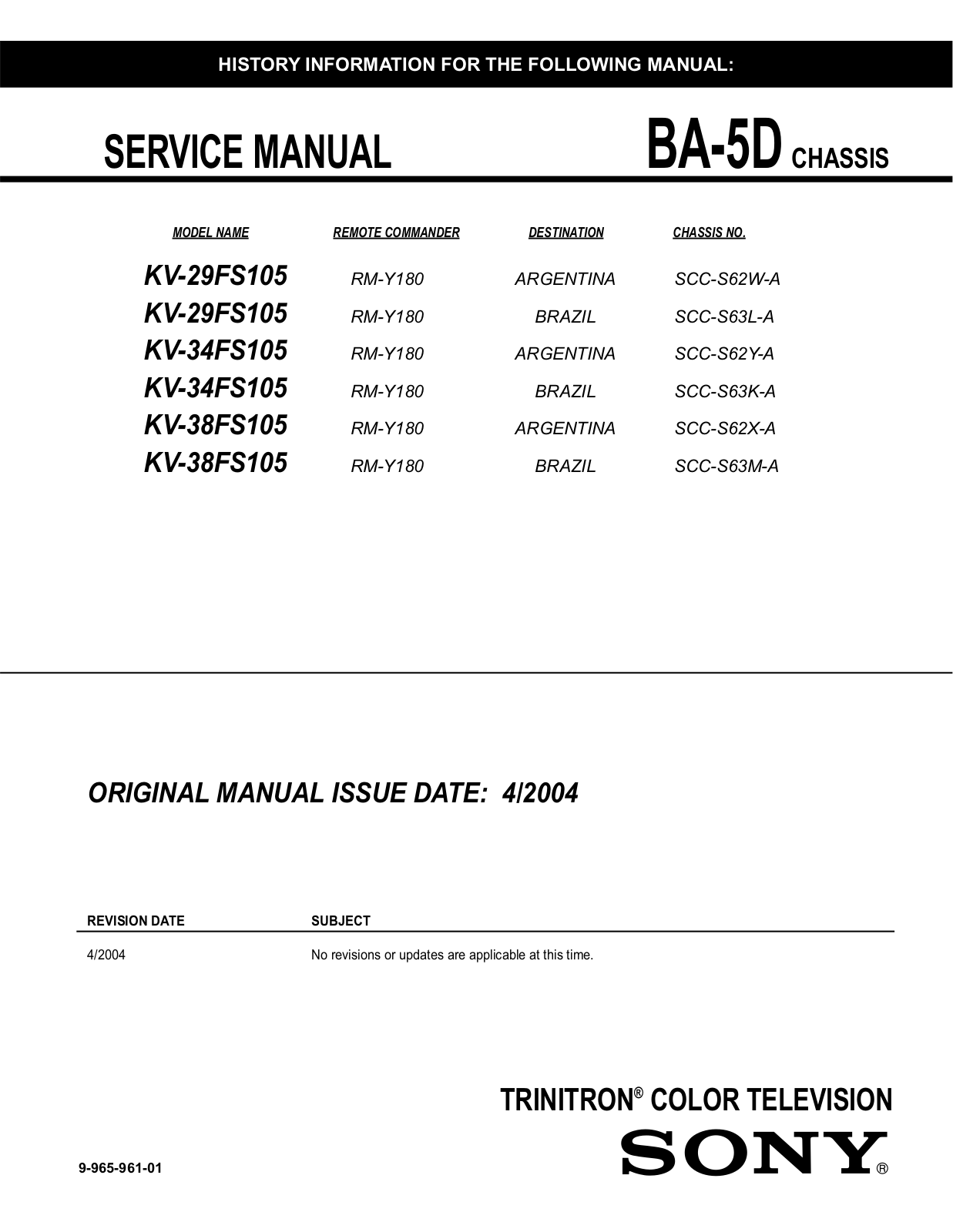 Sony KV-38FS105, KV-34FS105, KV-29FS105 User Manual