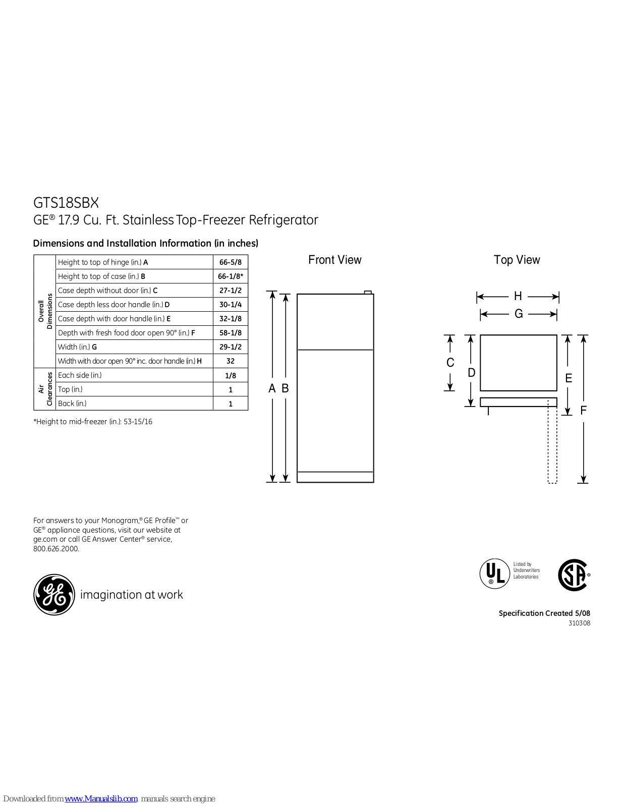 GE GTS18SBXSS - 17.9 cu. Ft. Stainless Top-Freezer Refrigerator Dimensions And Installation Information