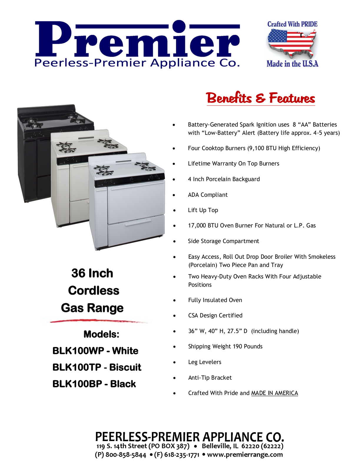 Premier BLK100WP, BLK100BP Specifications - ManualMachine.com