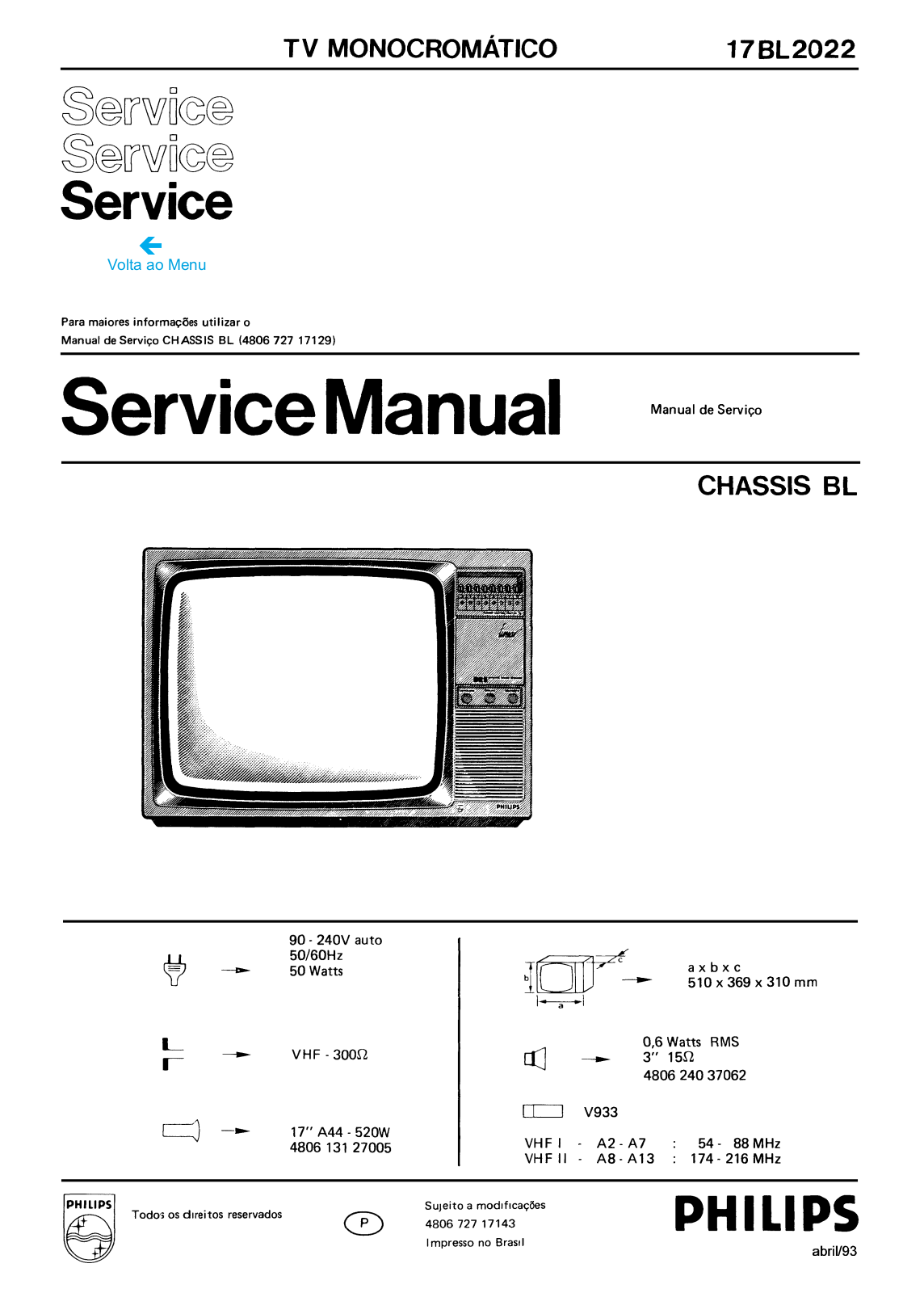 PHILIPS 17BL2022 Service Manual