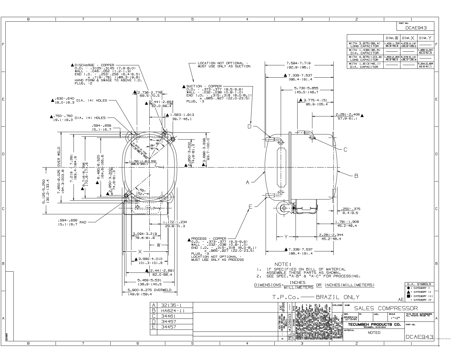 Tecumseh AEA3440YXA, AEA3440YXC Drawing Data