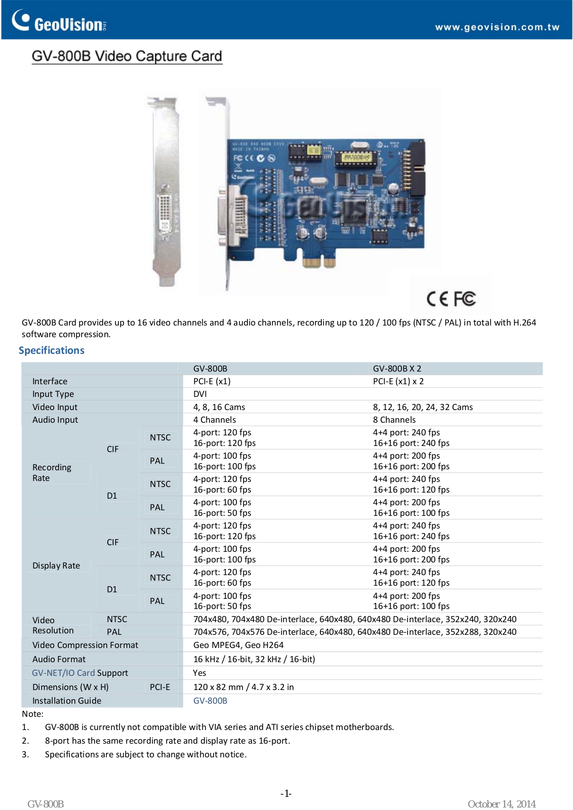 Geovision GV800-8, GV800-16 Specsheet